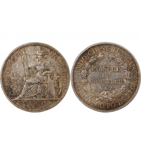 INDOCHINE FRANCAISE - PIASTRE DE COMMERCE ARGENT 1907 A PARIS