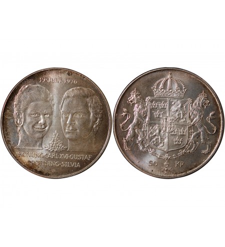 SUEDE, MARIAGE DE CARL XVI GUSTAF - 50 KRONOR ARGENT 1976