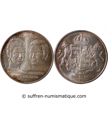 SUEDE, MARIAGE DE CARL XVI GUSTAF - 50 KRONOR ARGENT 1976