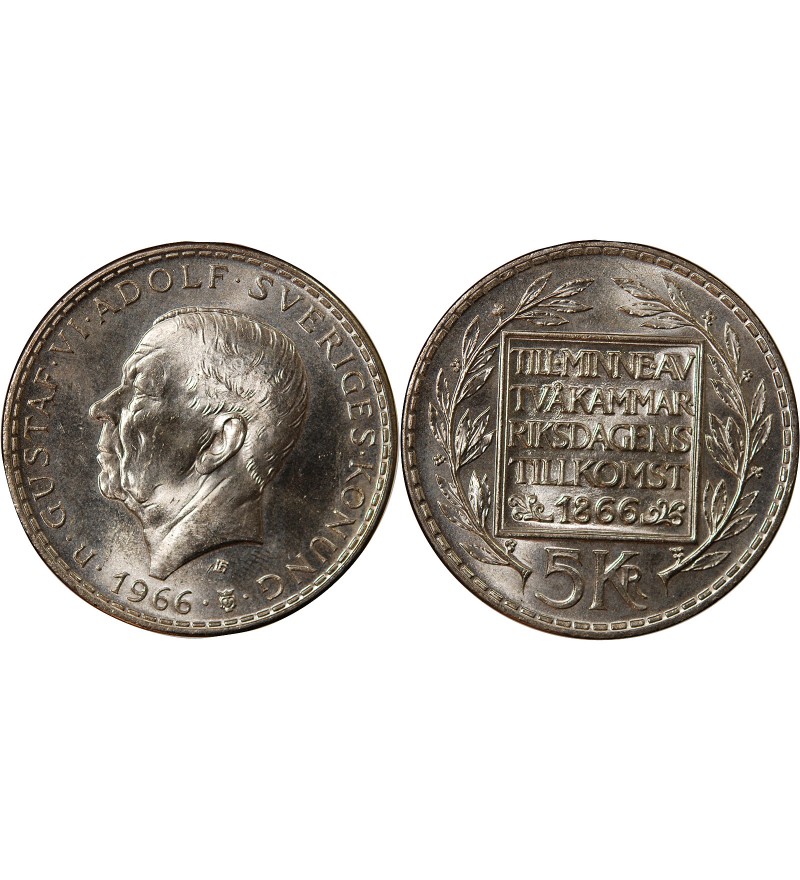SUEDE, REFORME DE LA CONSTITUTION - 5 KRONOR ARGENT 1966