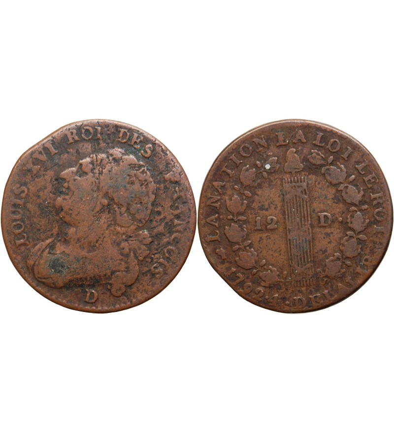REVOLUTION FRANCAISE, CONSTITUTION - 12 DENIERS ROI DES FRANCOIS 1792 D LYON