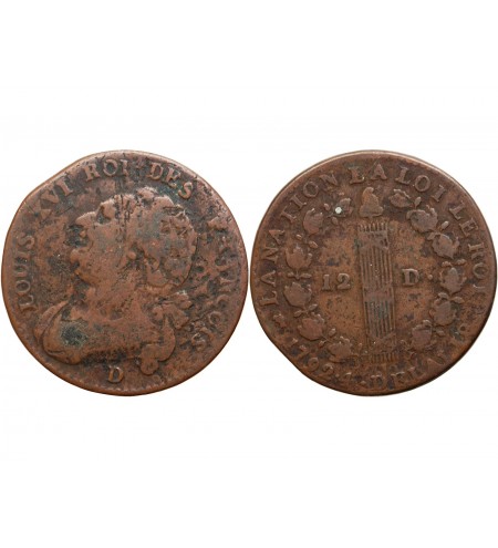 REVOLUTION FRANCAISE, CONSTITUTION - 12 DENIERS ROI DES FRANCOIS 1792 D LYON