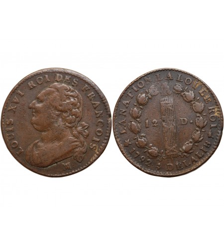 REVOLUTION FRANCAISE, CONSTITUTION - 12 DENIERS ROI DES FRANCOIS 1792 MA MARSEILLE