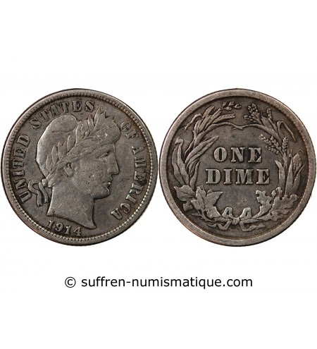 USA - 10 CENTS ARGENT "Barber Dime" 1914 PHILADELPHIE