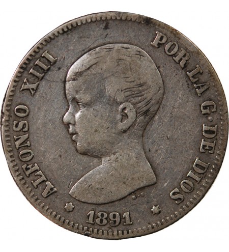 ESPAGNE, ALPHONSE XIII - 2 PESETAS ARGENT 1893 PGM