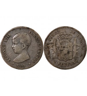 ESPAGNE, ALPHONSE XIII - 2 PESETAS ARGENT 1893 PGM 2