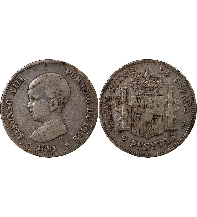 ESPAGNE, ALPHONSE XIII - 2 PESETAS ARGENT 1893 PGM