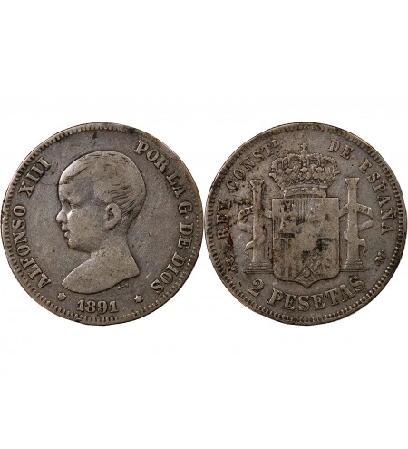 ESPAGNE, ALPHONSE XIII - 2 PESETAS ARGENT 1893 PGM