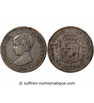 ESPAGNE, ALPHONSE XIII - 2 PESETAS ARGENT 1893 PGM
