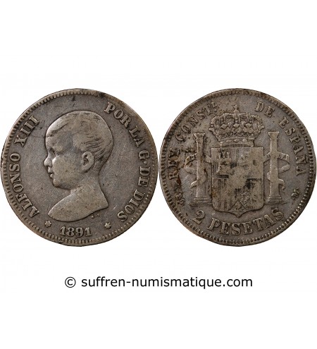 ESPAGNE, ALPHONSE XIII - 2 PESETAS ARGENT 1893 PGM