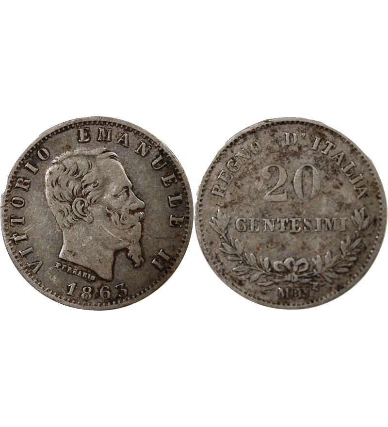 ITALIE, VICTOR EMMANUEL II - 20 CENTESIMI ARGENT 1863 M MILAN