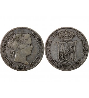 ESPAGNE, ISABELLE II - 40 CENTIMOS ARGENT 1868 - 6 pointes sur étoile 2