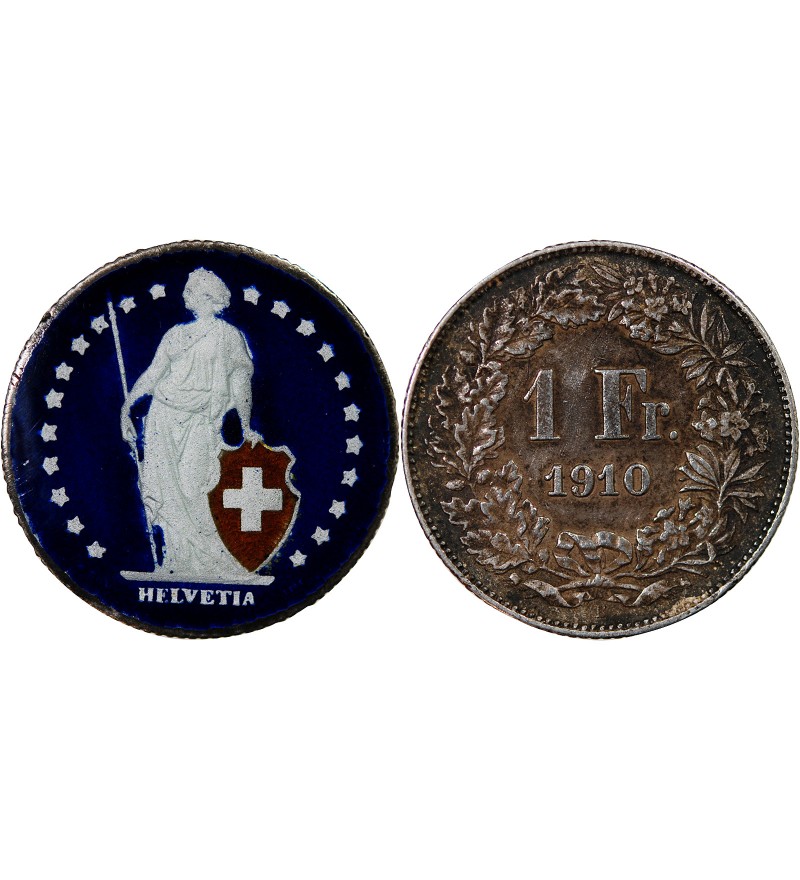 SUISSE, HELVETIA DEBOUT - 1 FRANC ARGENT 1810 COLORISÉ