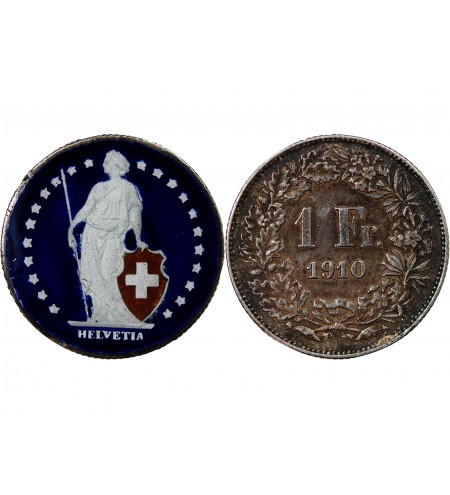 SUISSE, HELVETIA DEBOUT - 1 FRANC ARGENT 1810 COLORISÉ