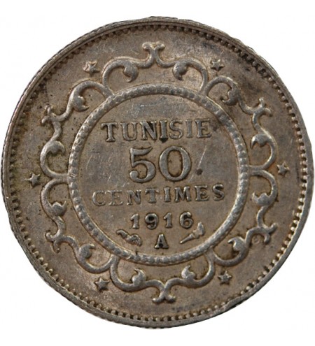 TUNISIE, MUHAMMAD AL-NASIR - 50 CENTIMES ARGENT 1916 A PARIS