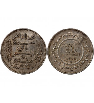 TUNISIE, MUHAMMAD AL-NASIR - 50 CENTIMES ARGENT 1916 A PARIS 2