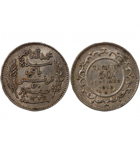 TUNISIE, MUHAMMAD AL-NASIR - 50 CENTIMES ARGENT 1916 A PARIS