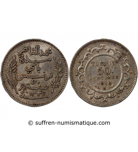 TUNISIE, MUHAMMAD AL-NASIR - 50 CENTIMES ARGENT 1916 A PARIS