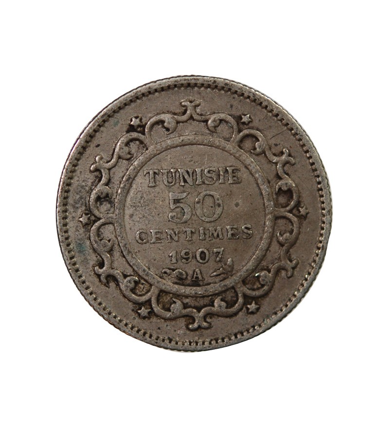 TUNISIE, MUHAMMAD AL-NASIR - 50 CENTIMES ARGENT 1907 A PARIS