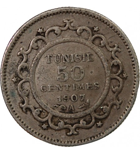 TUNISIE, MUHAMMAD AL-NASIR - 50 CENTIMES ARGENT 1907 A PARIS