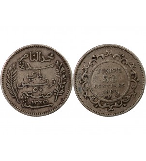 TUNISIE, MUHAMMAD AL-NASIR - 50 CENTIMES ARGENT 1907 A PARIS 2