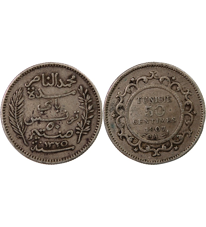 TUNISIE, MUHAMMAD AL-NASIR - 50 CENTIMES ARGENT 1907 A PARIS