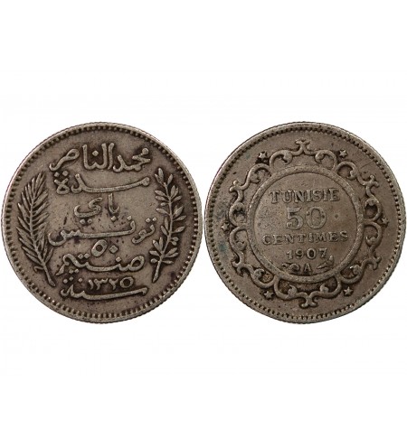 TUNISIE, MUHAMMAD AL-NASIR - 50 CENTIMES ARGENT 1907 A PARIS