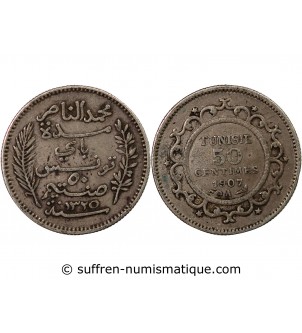 TUNISIE, MUHAMMAD AL-NASIR - 50 CENTIMES ARGENT 1907 A PARIS
