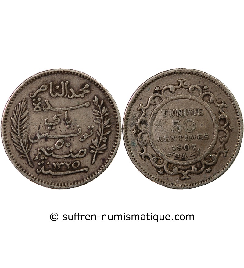TUNISIE, MUHAMMAD AL-NASIR - 50 CENTIMES ARGENT 1907 A PARIS