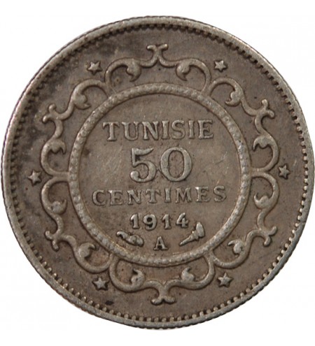 TUNISIE, MUHAMMAD AL-NASIR - 50 CENTIMES ARGENT 1914 A PARIS