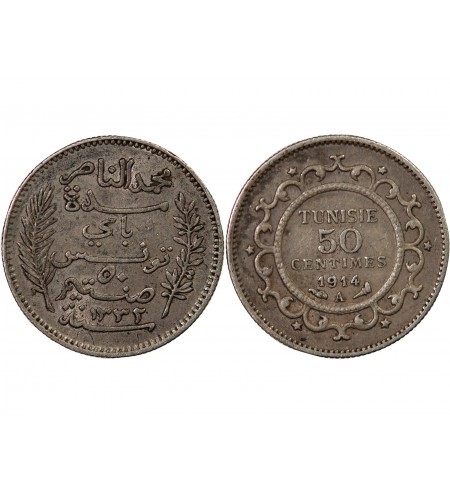 TUNISIE, MUHAMMAD AL-NASIR - 50 CENTIMES ARGENT 1914 A PARIS