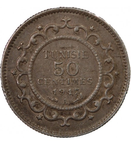 TUNISIE, MUHAMMAD AL-NASIR - 50 CENTIMES ARGENT 1917 A PARIS