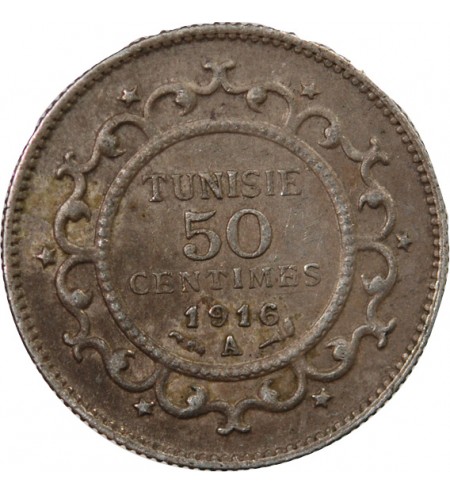 TUNISIE, MUHAMMAD AL-NASIR - 50 CENTIMES ARGENT 1916 A PARIS