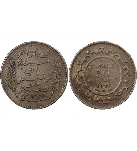 TUNISIE, MUHAMMAD AL-NASIR - 50 CENTIMES ARGENT 1916 A PARIS