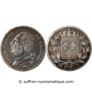 LOUIS XVIII - 5 FRANCS ARGENT 1824 B ROUEN