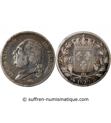 LOUIS XVIII - 5 FRANCS ARGENT 1824 B ROUEN