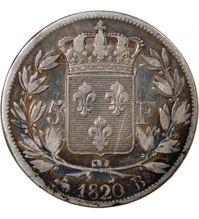 LOUIS XVIII - 5 FRANCS ARGENT 1824 B ROUEN