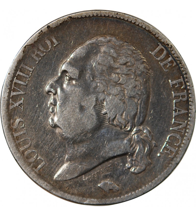 LOUIS XVIII - 5 FRANCS ARGENT 1824 B ROUEN