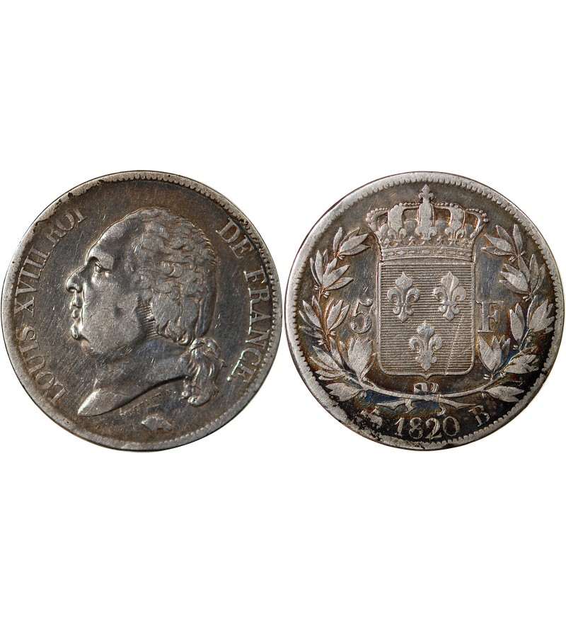 LOUIS XVIII - 5 FRANCS ARGENT 1824 B ROUEN