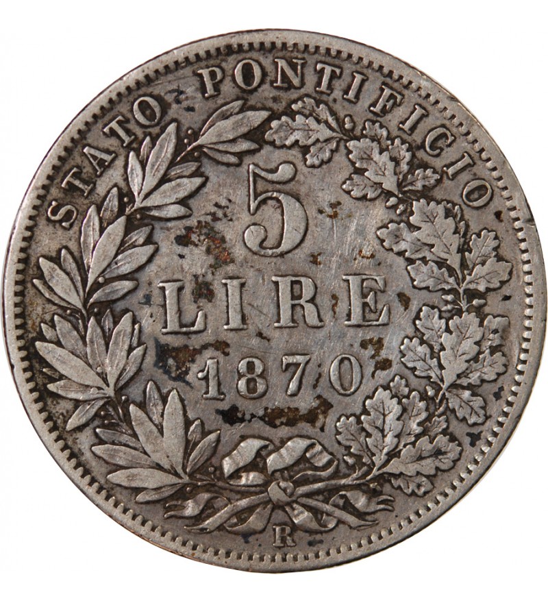 VATICAN, PIE IX - 5 LIRE 1870 R ROME AN XXIV