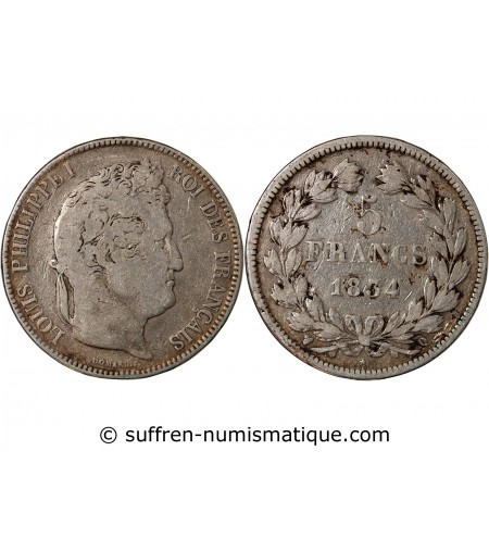 LOUIS PHILIPPE﻿ - 5 FRANCS ARGENT 1834 Q PERPIGNAN "Type Domard, Tr relief"