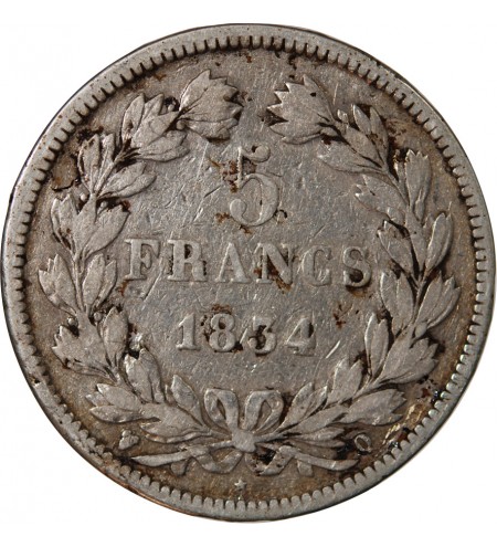 LOUIS PHILIPPE﻿ - 5 FRANCS ARGENT 1834 Q PERPIGNAN "Type Domard, Tr relief"