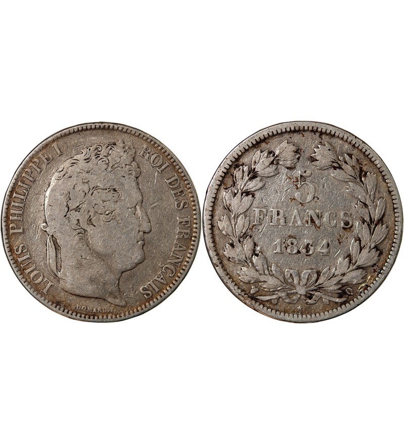 LOUIS PHILIPPE﻿ - 5 FRANCS ARGENT 1834 Q PERPIGNAN "Type Domard, Tr relief"