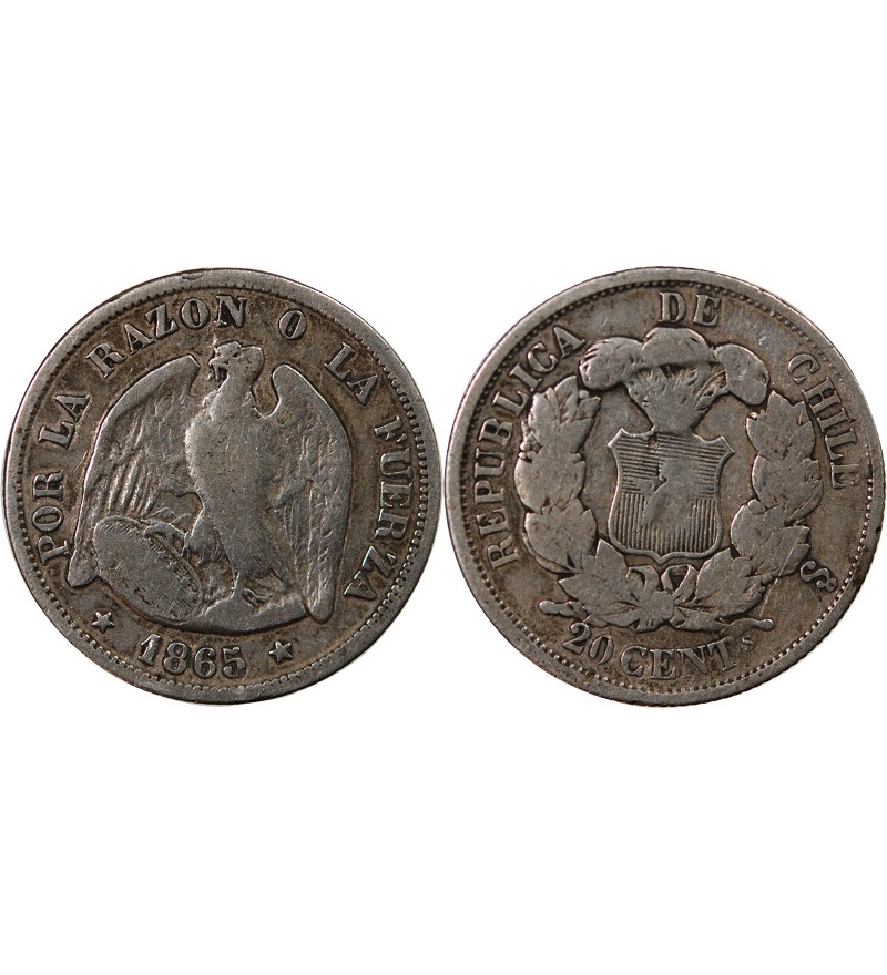 CHILI - 20 CENTAVOS ARGENT 1865 So
