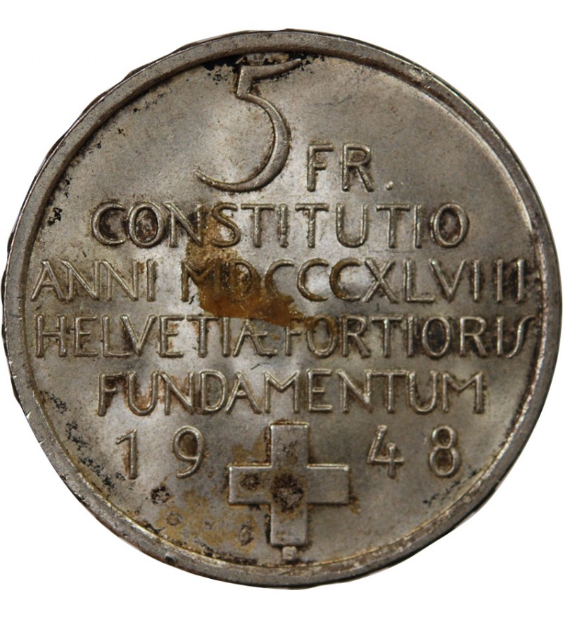 SUISSE, CONSTITUTION - 5 FRANCS ARGENT 1948 B