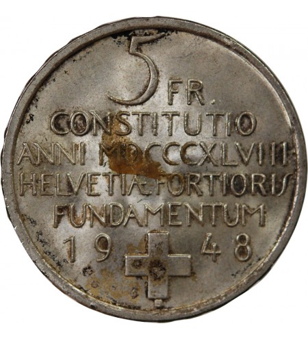 SUISSE, CONSTITUTION - 5 FRANCS ARGENT 1948 B