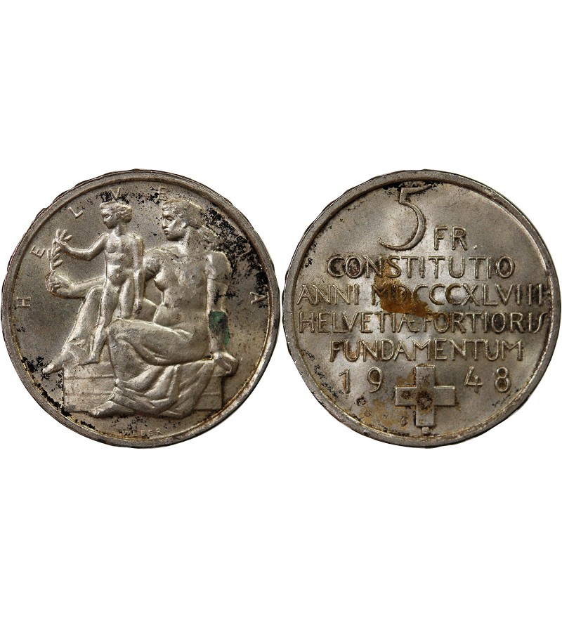 SUISSE, CONSTITUTION - 5 FRANCS ARGENT 1948 B