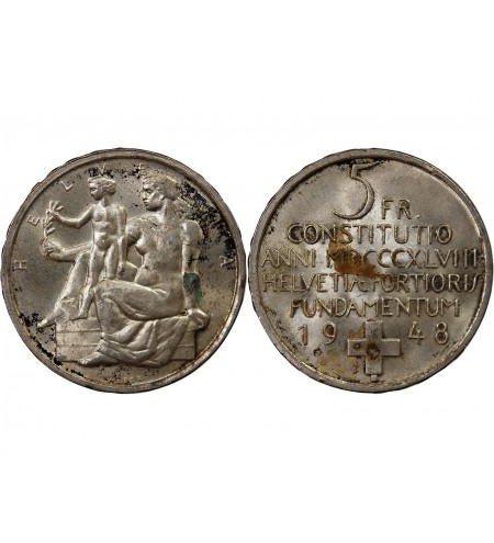 SUISSE, CONSTITUTION - 5 FRANCS ARGENT 1948 B