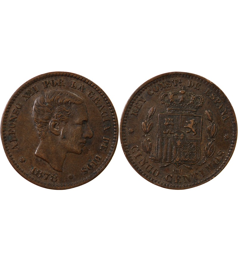 ESPAGNE, ALPHONSE XII - 5 CENTIMOS 1878 OM