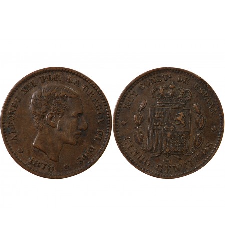 ESPAGNE, ALPHONSE XII - 5 CENTIMOS 1878 OM